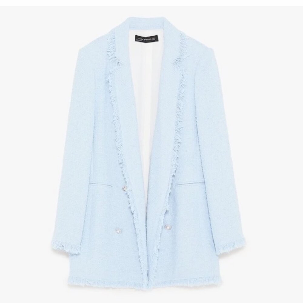 Zara Light Blue Tweed Long Blazer Coat